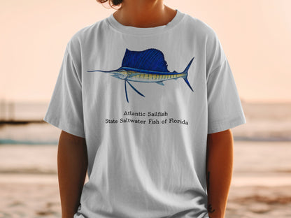 White t-shirt with illustration of Atlantic Sailfish, Florida's state saltwater fish.