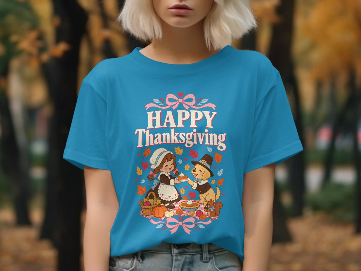 Happy Thanksgiving text with girl and dog sharing pie among autumn leaves.