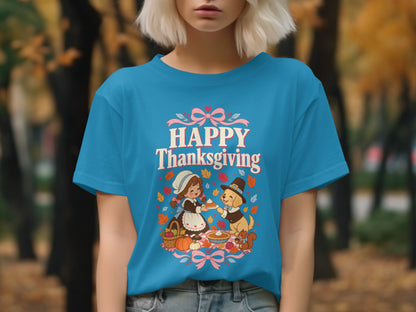 Happy Thanksgiving text with girl and dog sharing pie among autumn leaves.