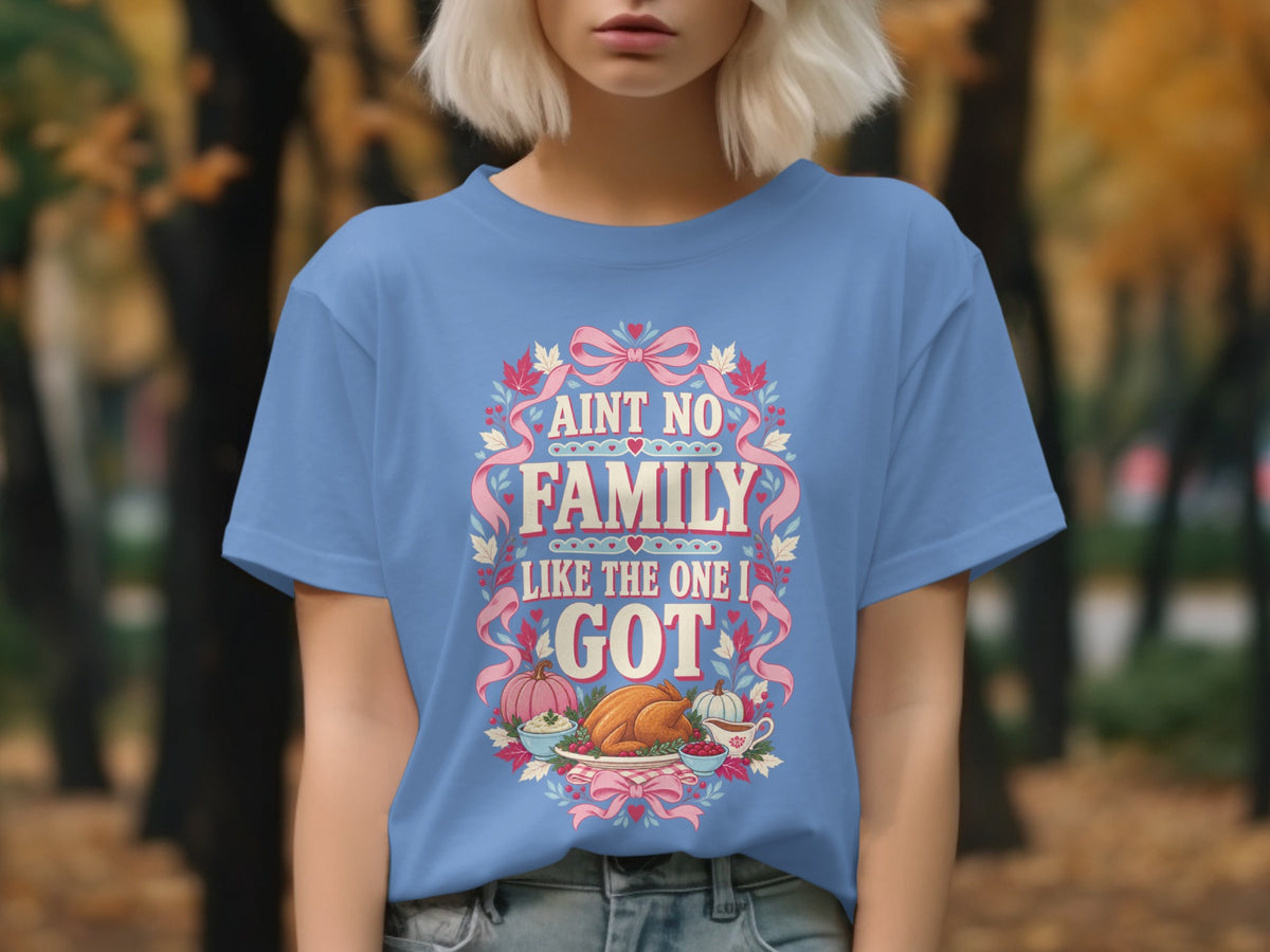 Blue t-shirt with "Aint No Family Like The One I Got" text and Thanksgiving food graphic.