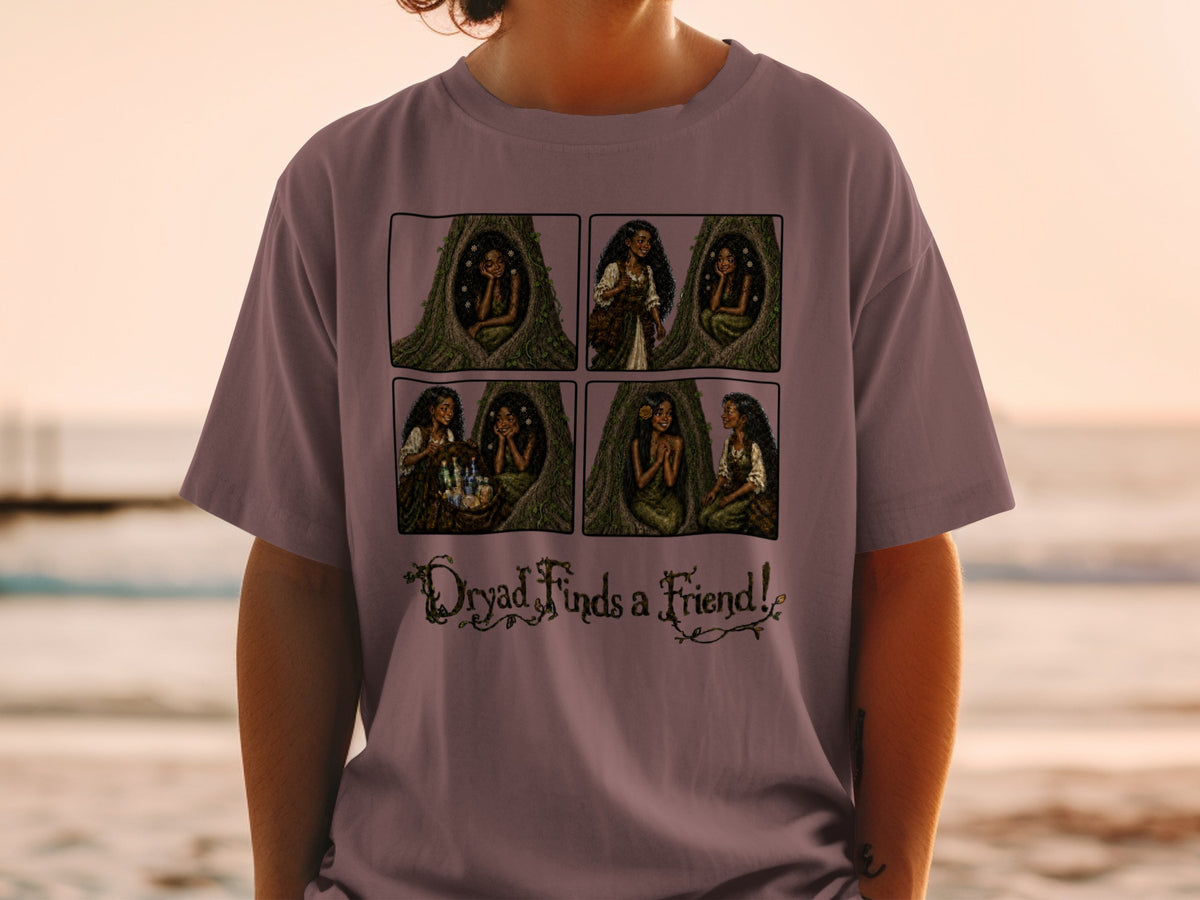 Comic strip showing a dryad in a tree with friends, with text "Dryad Finds a Friend!"