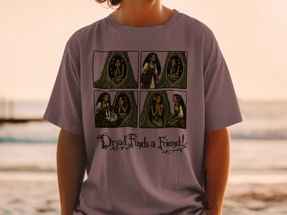 Comic strip showing a dryad in a tree with friends, with text "Dryad Finds a Friend!"