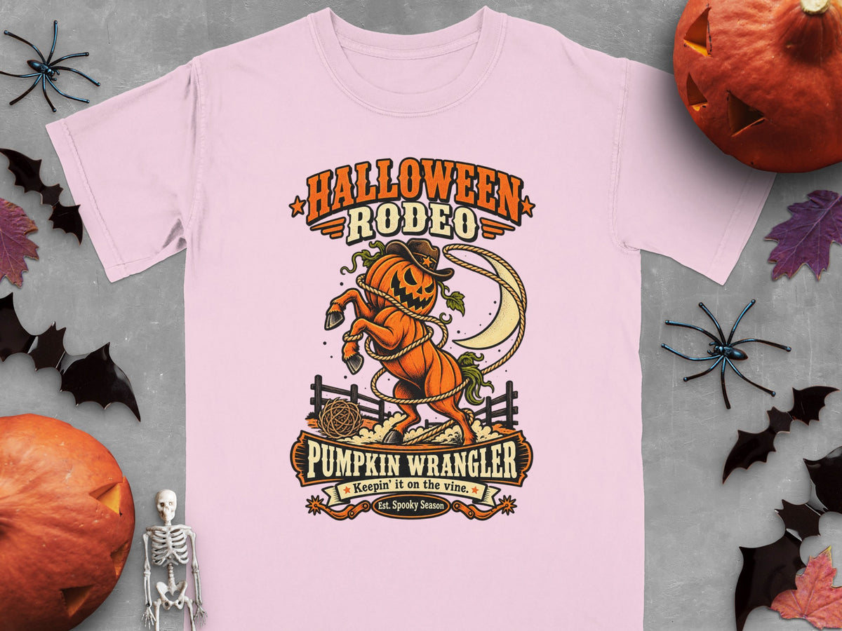 Light pink t-shirt with "Halloween Rodeo Pumpkin Wrangler" graphic and a bucking pumpkin horse.
