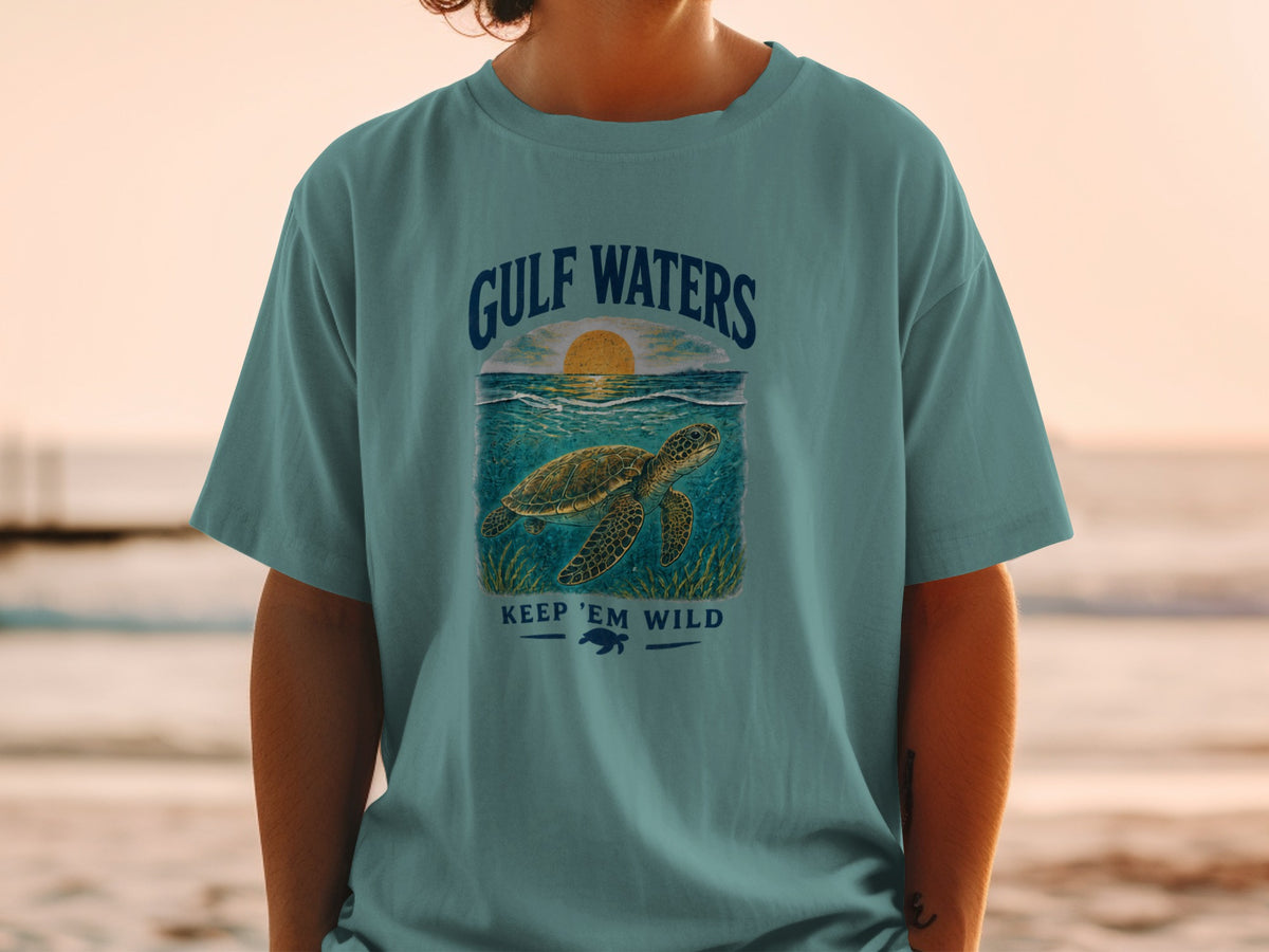 Teal t-shirt with Gulf Waters sunset, sea turtle, and "Keep 'Em Wild" text.