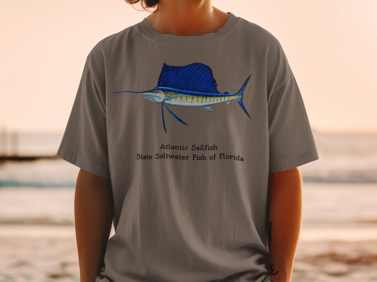 Atlantic Sailfish, State Saltwater Fish of Florida graphic on grey t-shirt.