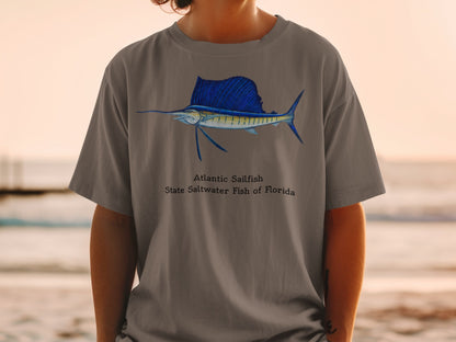 Atlantic Sailfish, State Saltwater Fish of Florida graphic on grey t-shirt.