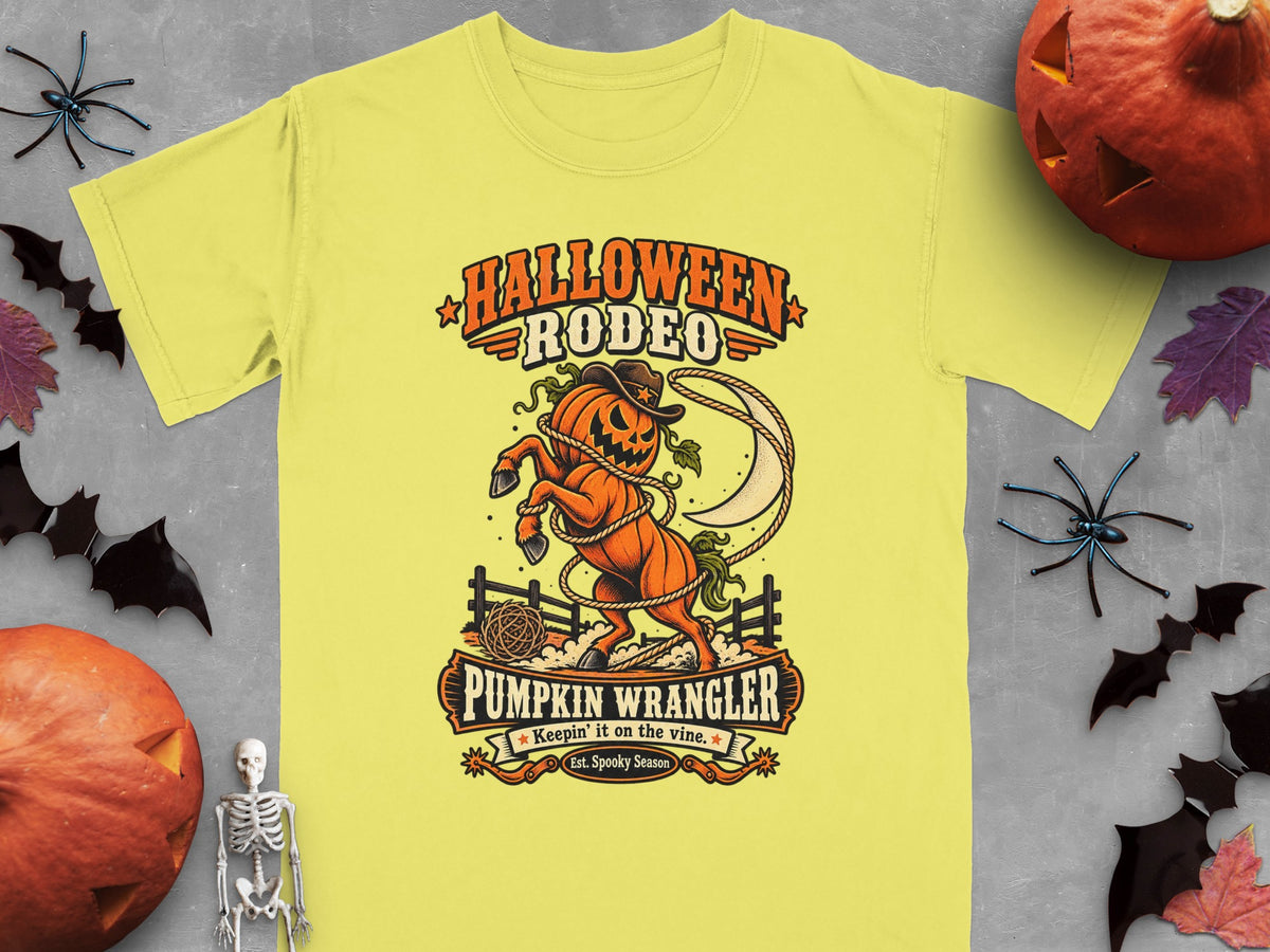 Yellow t-shirt with "Halloween Rodeo Pumpkin Wrangler" graphic featuring a jack-o'-lantern horse.