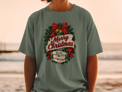 Green t-shirt with "Merry Christmas" and "Simple joys" text in a wreath.