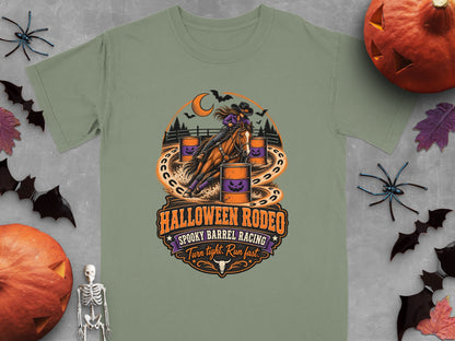 "Halloween Rodeo Spooky Barrel Racing" graphic with a rider and horse, orange barrels, moon, and bats.