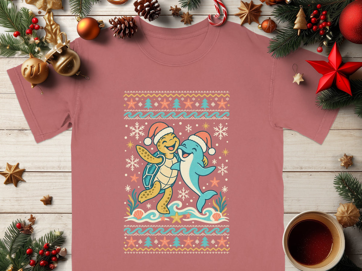 Ugly Christmas sweater design with a turtle and dolphin wearing Santa hats.