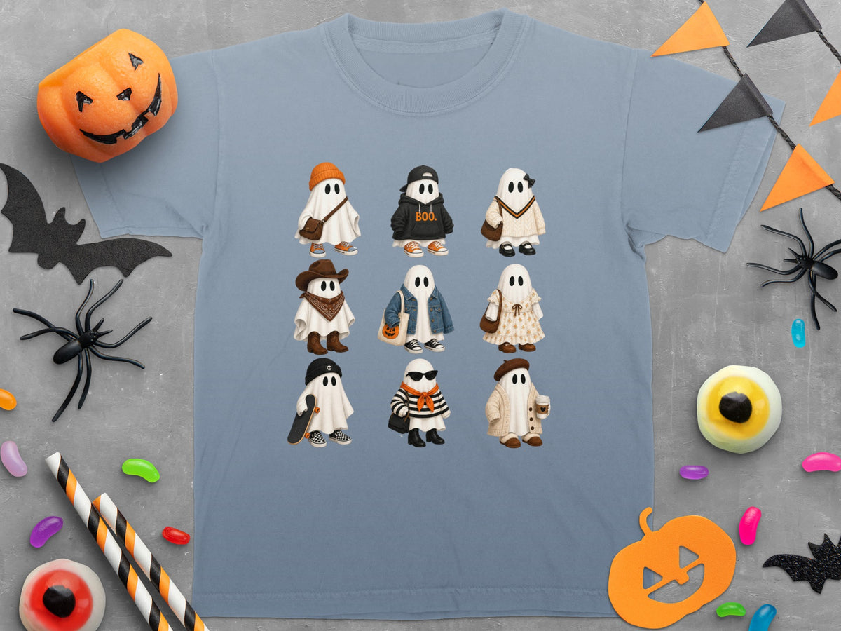 T-shirt with nine cartoon ghosts in various outfits, including text "BOO."