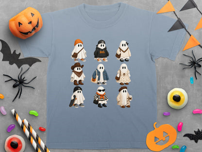T-shirt with nine cartoon ghosts in various outfits, including text "BOO."