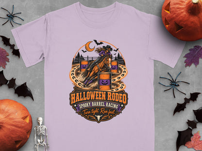 T-shirt graphic: Halloween Rodeo spooky barrel racing with text "Turn tight. Run fast."
