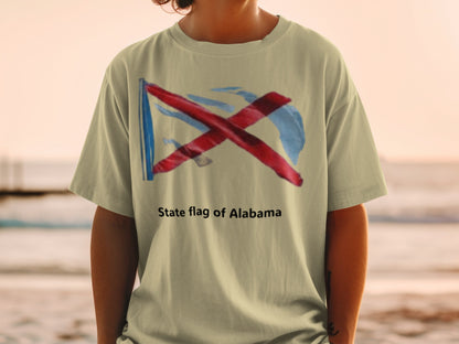 T-shirt with painted Alabama state flag and text "State flag of Alabama".