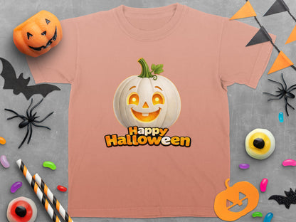 Peach t-shirt with a white grinning pumpkin and "Happy Halloween" text.