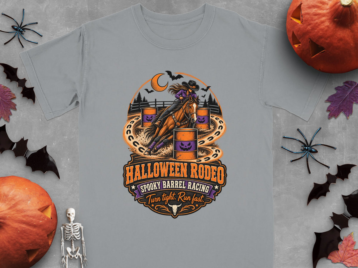 Halloween Rodeo graphic with barrel racing horse and text: Spooky Barrel Racing, Turn tight. Run fast.