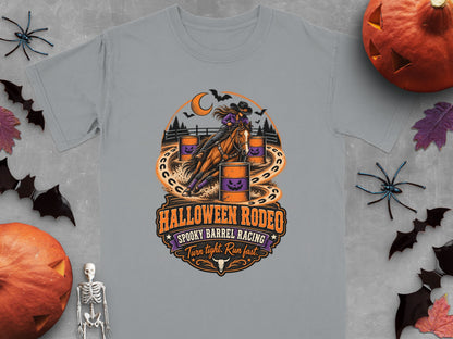 Halloween Rodeo graphic with barrel racing horse and text: Spooky Barrel Racing, Turn tight. Run fast.