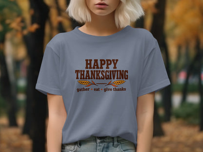 Gray t-shirt with "Happy Thanksgiving" text and wheat graphic.