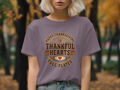 Purple t-shirt with "Happy Thanksgiving Thankful Hearts Full Plates" text.