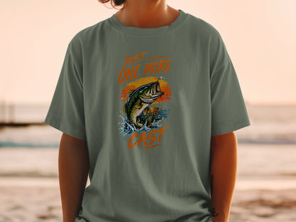 Green t-shirt with jumping bass graphic and text "Just One More Cast."