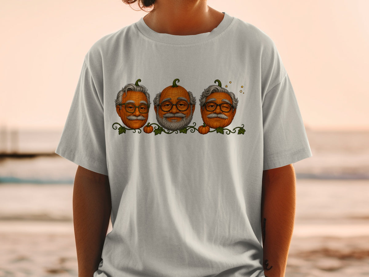 Three pumpkins with faces of old men wearing glasses and mustaches.