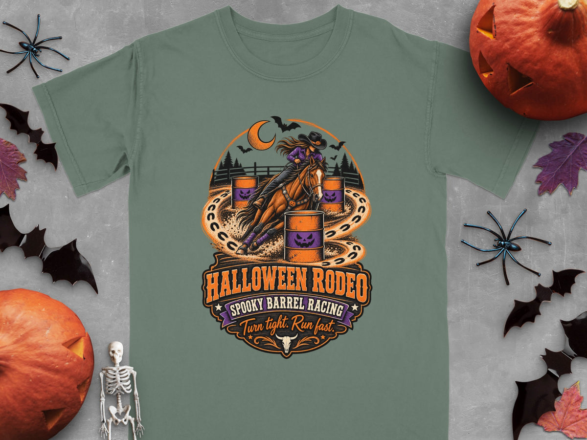 Halloween Rodeo graphic with barrel racing horse and text "Spooky Barrel Racing".