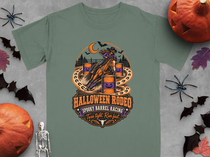 Halloween Rodeo graphic with barrel racing horse and text "Spooky Barrel Racing".