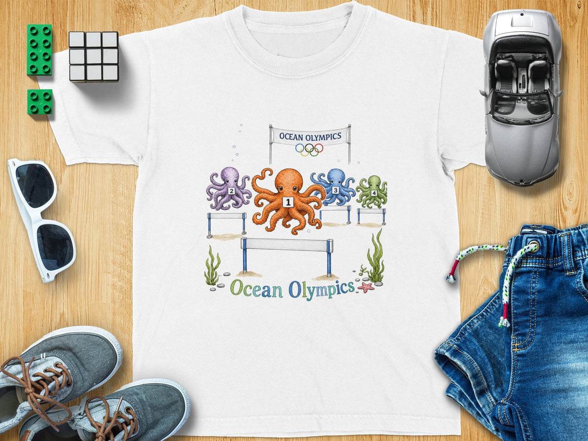 White t-shirt with four numbered octopuses racing under an "Ocean Olympics" banner.