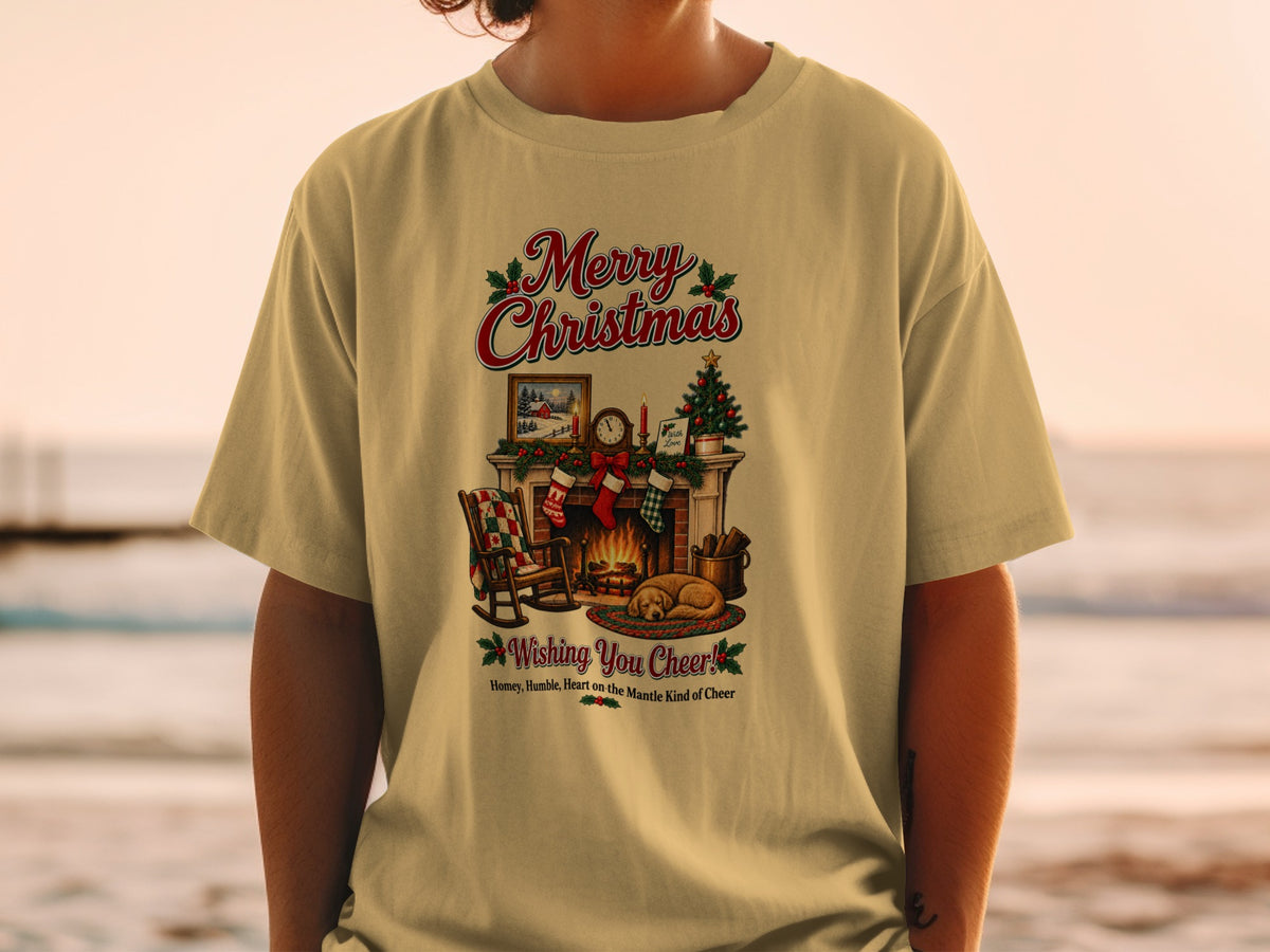 Merry Christmas text above a cozy fireplace scene with a dog, rocking chair, and Christmas tree.