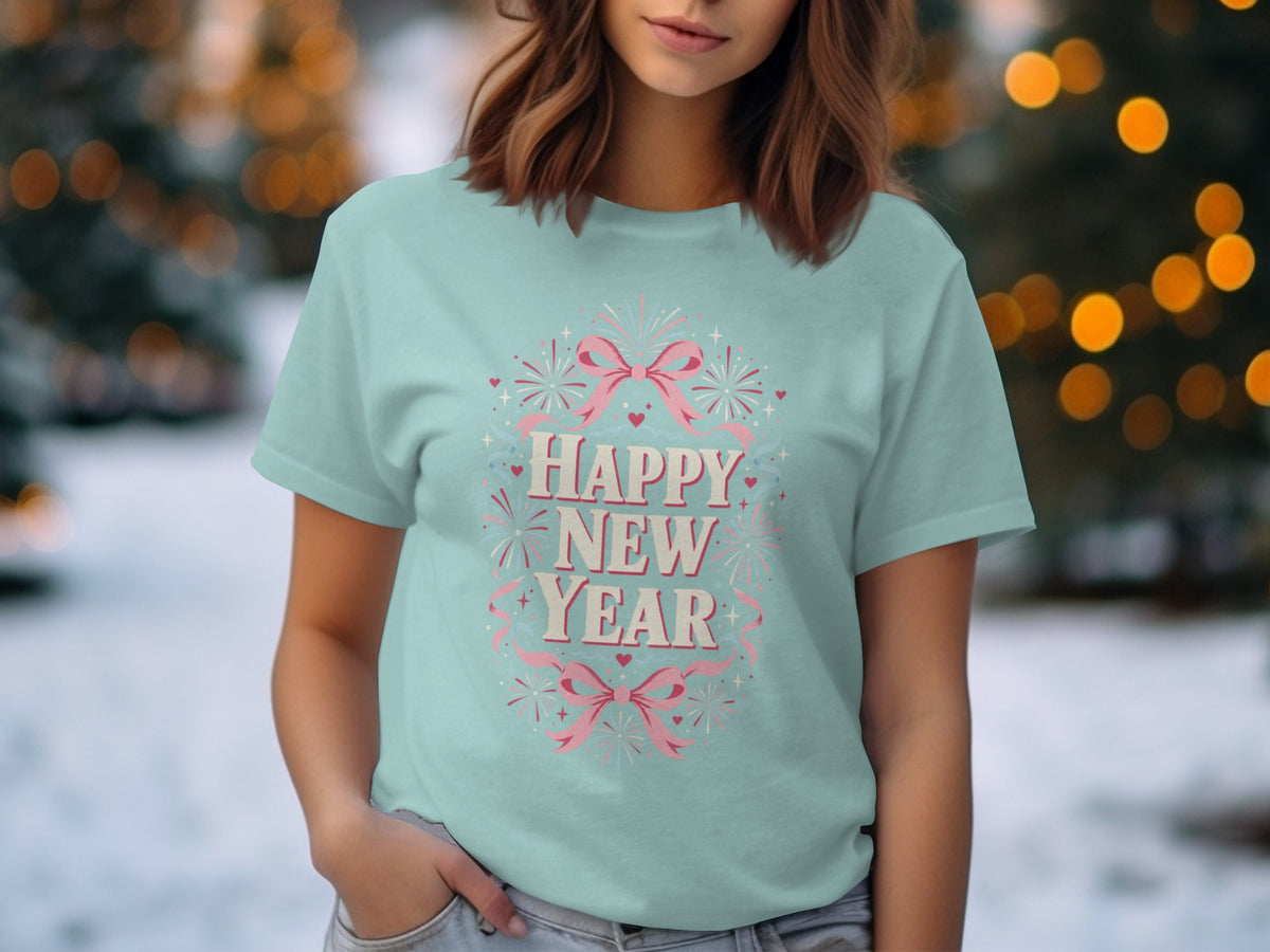 Light blue t-shirt with "Happy New Year" text and festive bows and fireworks design.