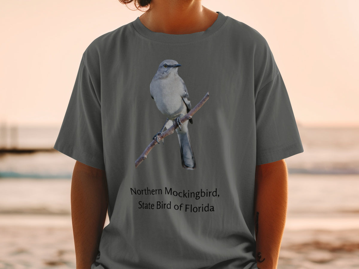 Gray t-shirt with Northern Mockingbird, State Bird of Florida printed on it.