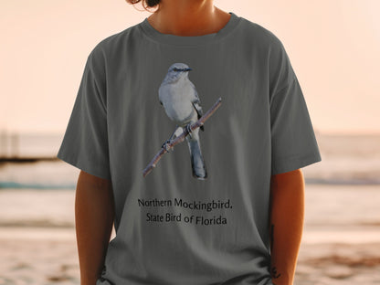 Gray t-shirt with Northern Mockingbird, State Bird of Florida printed on it.