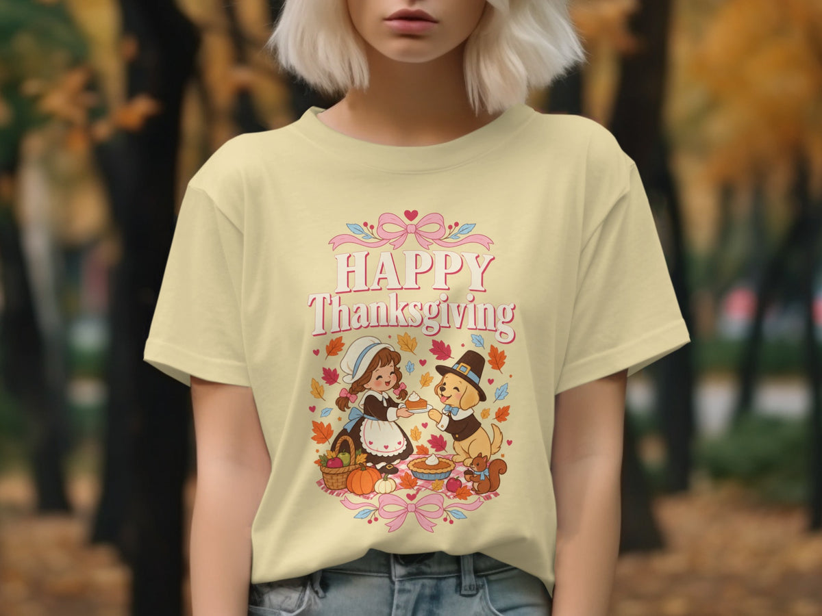 Thanksgiving t-shirt with pilgrim girl, dog, and autumn harvest illustration.