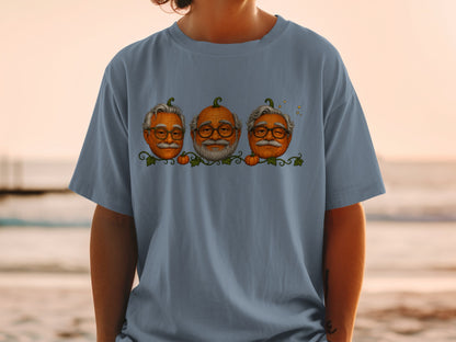 Three elderly men's faces are depicted as pumpkins wearing glasses.