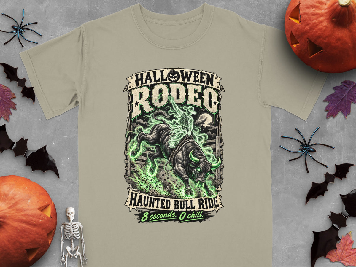 T-shirt with "Halloween Rodeo Haunted Bull Ride" graphic and skeleton cowboy.