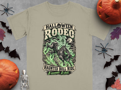 T-shirt with "Halloween Rodeo Haunted Bull Ride" graphic and skeleton cowboy.