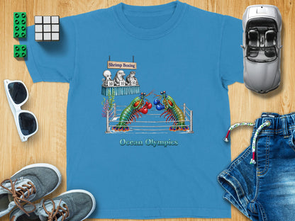 Two mantis shrimp boxing in a ring with "Shrimp Boxing" and "Ocean Olympics" text.