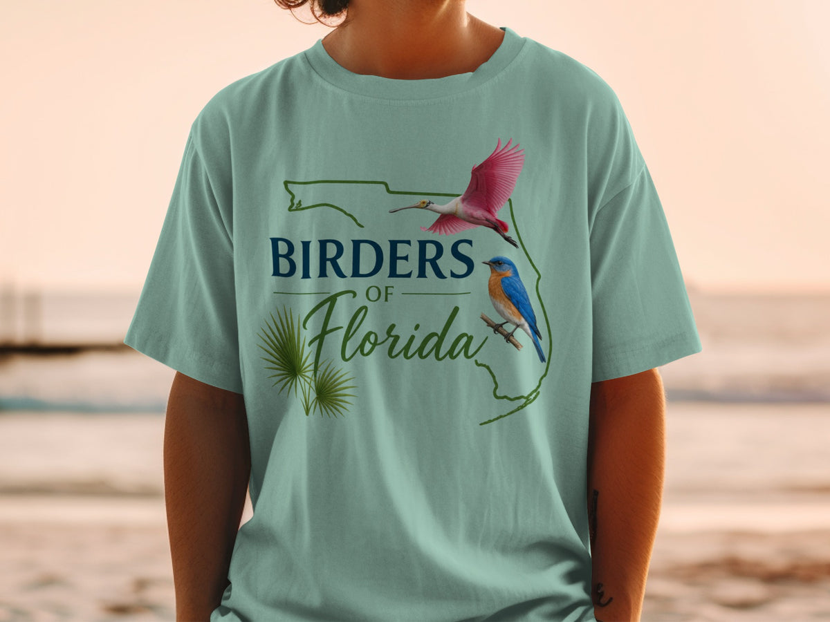 T-shirt design with Florida outline, "Birders of Florida," and two birds.