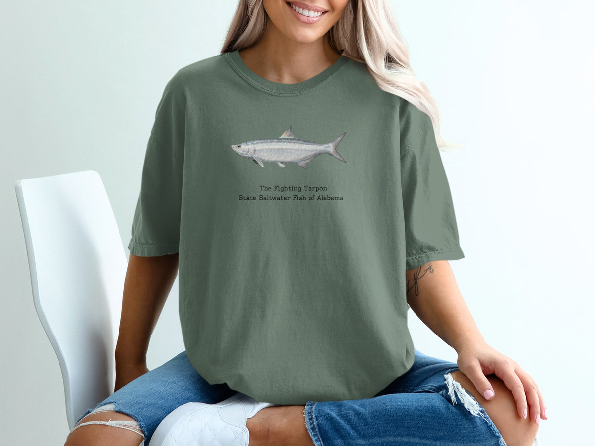 T-shirt with a painted tarpon and text: The Fighting Tarpon, State Saltwater Fish of Alabama.