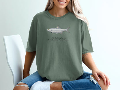 T-shirt with a painted tarpon and text: The Fighting Tarpon, State Saltwater Fish of Alabama.
