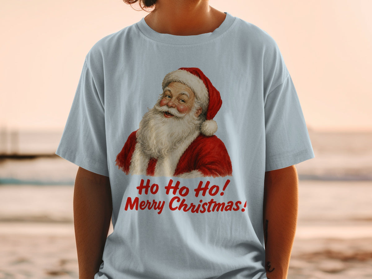 Light blue t-shirt with Santa Claus graphic and red text "Ho Ho Ho! Merry Christmas!".