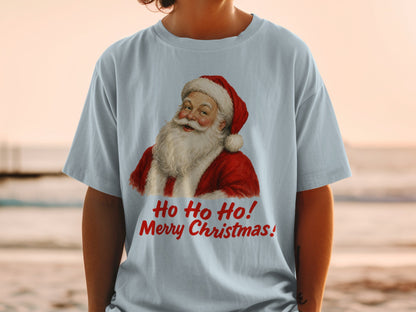 Light blue t-shirt with Santa Claus graphic and red text "Ho Ho Ho! Merry Christmas!".