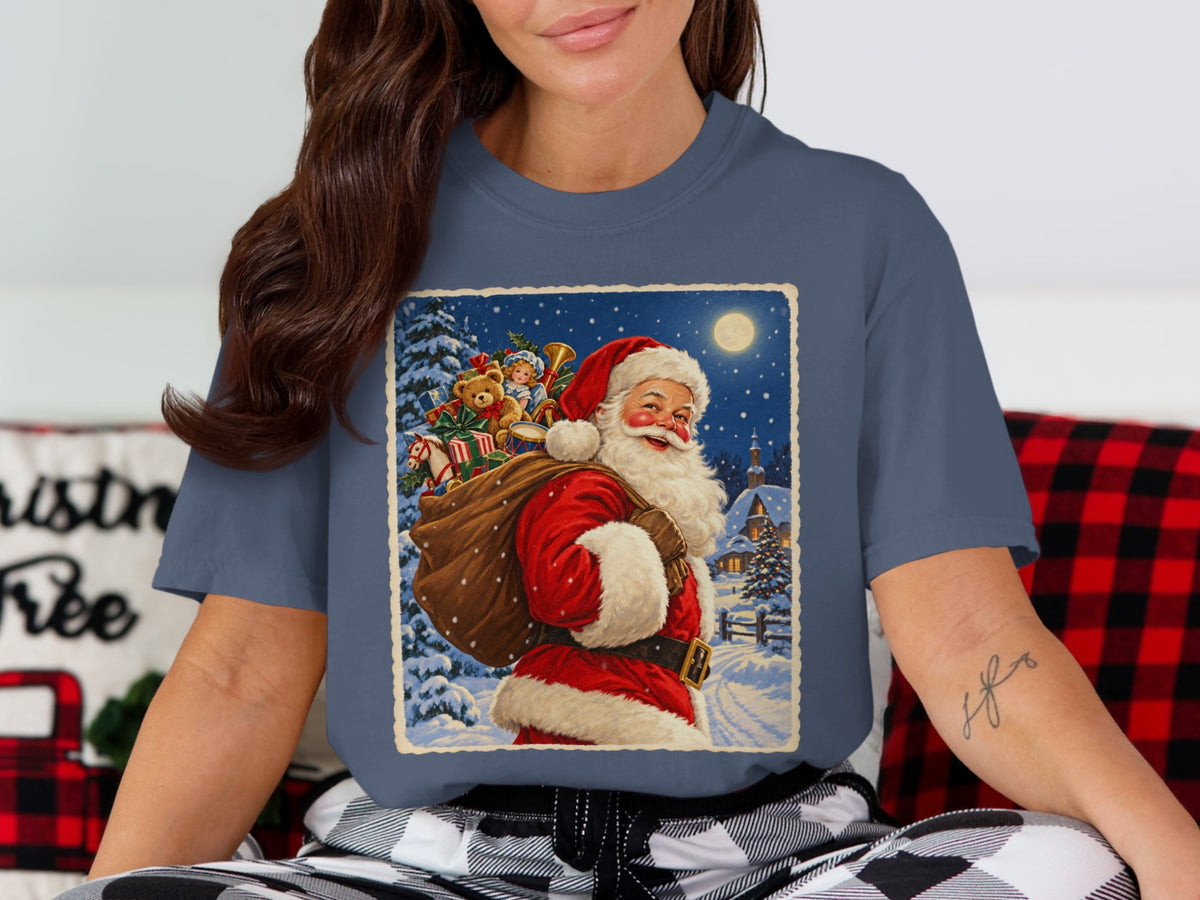 Santa Claus walks through a snowy village with gifts, a moonlit sky, and festive details.