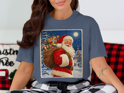Santa Claus walks through a snowy village with gifts, a moonlit sky, and festive details.