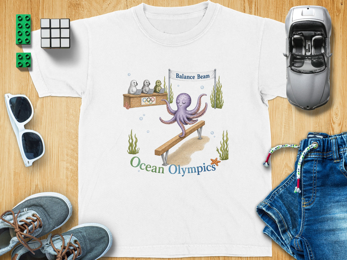 T-shirt graphic of an octopus doing gymnastics on a balance beam with seals watching.