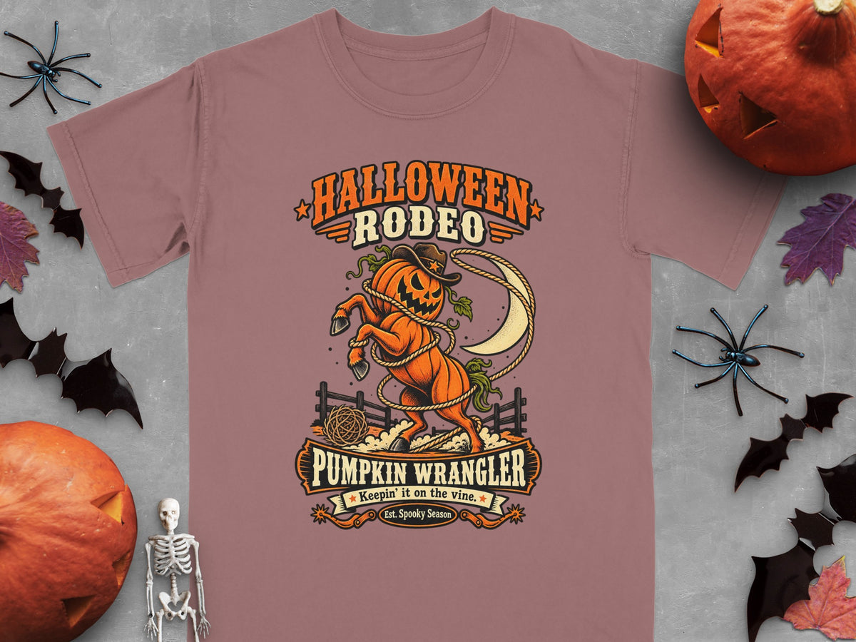 Halloween Rodeo graphic with pumpkin wrangler, moon, and fence.