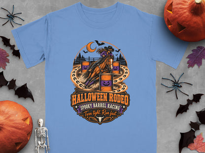 Halloween Rodeo spooky barrel racing graphic with a cowgirl on a horse.