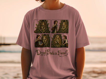 Four panel comic of a dryad finding a friend, with text "Dryad Finds a Friend!".