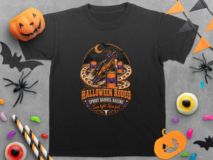 Black t-shirt featuring barrel racing horse and rider with "Halloween Rodeo" text.