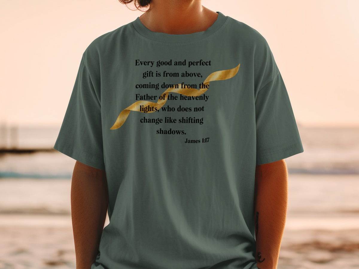 Dark green t-shirt with James 1:17 scripture and golden ribbon graphic.